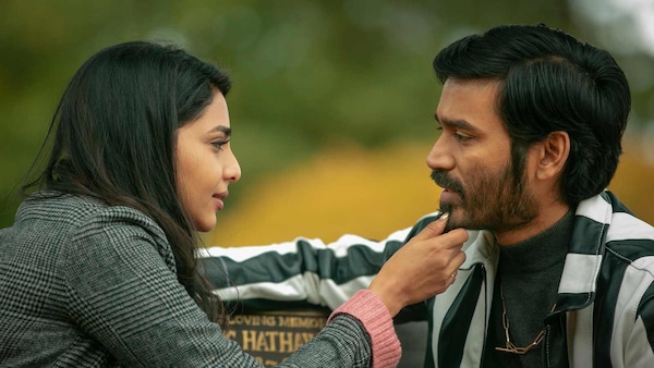 Aishwarya Lekshmi and Dhanush in a still from Jagame Thandhiram
