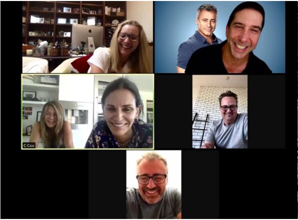 The cast of Friends in a zoom meeting