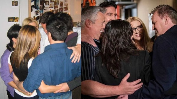 The cast of Friends huddling in 2004 and 2021