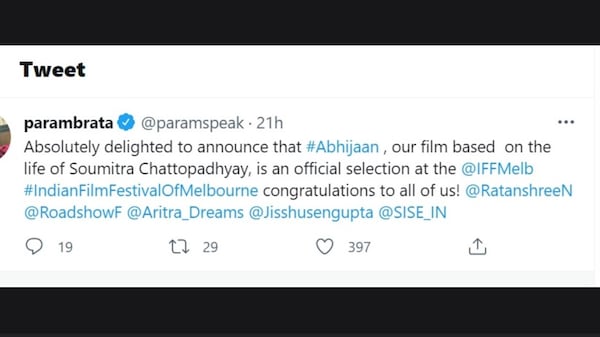 Parambrata tweeted about the official selection of Abhijaan at the Indian Film Festival of Melbourne