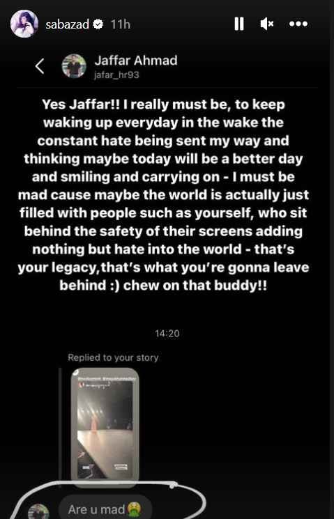 Saba Azad's IG story screenshot