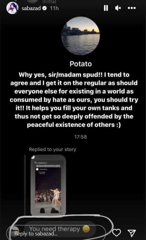 Saba Azad's IG story screenshot