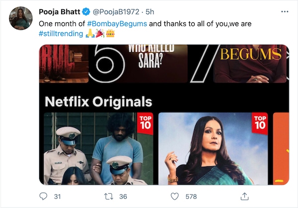 Pooja Bhatt's tweet celebrating the success of Bombay Begums