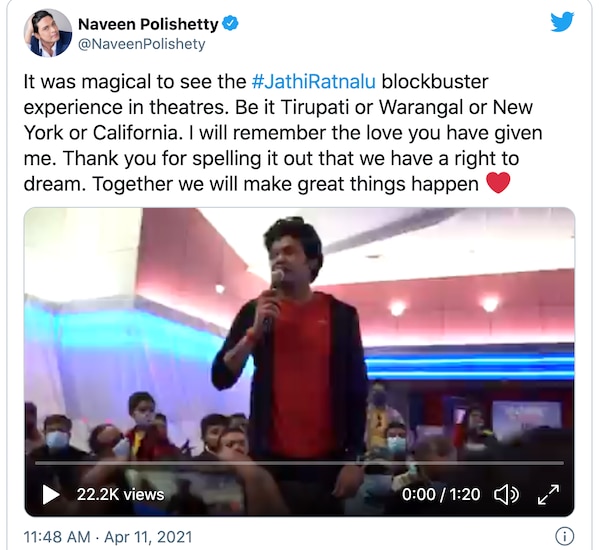 Naveen Polishetty's tweet on April 11.