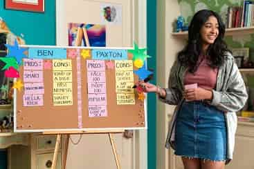 A still from the upcoming season where Devi is making a 'pros and cons' list for Ben vs Paxton