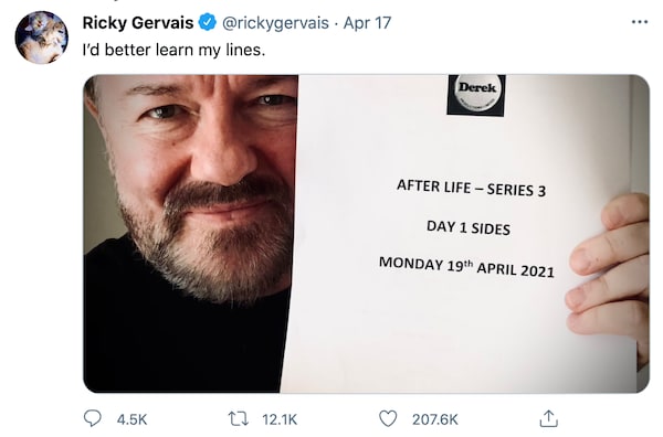 Ricky Gervais' Twitter post on April 19