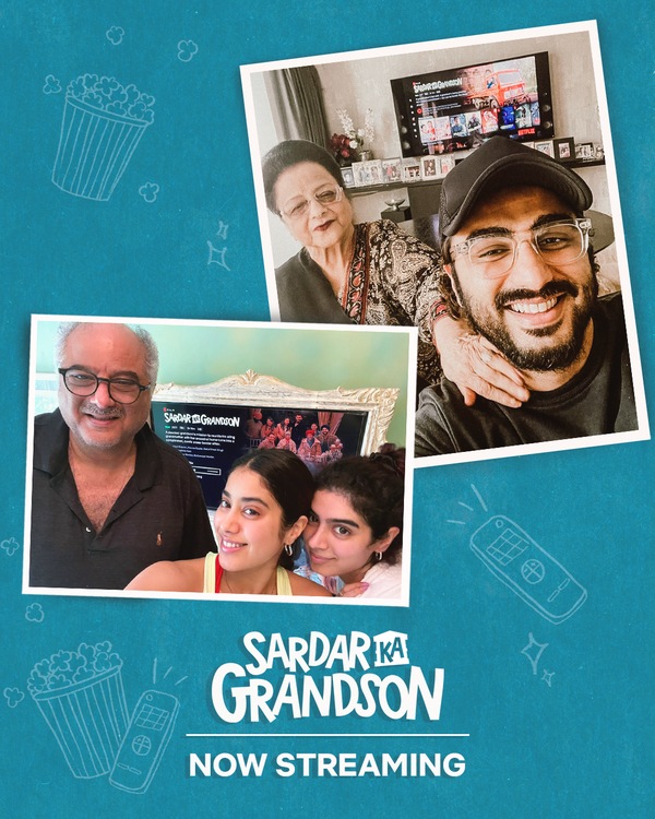 Arjun Kapoor with his grandmother and Jahnvi, Khushi and Boney Kapoor.
