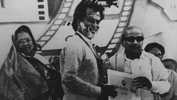 In this Hindustan Times photo dated 17 May 1997, Rajinikanth is seen receiving a Best Actor award from Tamil Nadu CM, M Karunanidhi, at the Annual Film Awards held by the state govt, in Chennai.