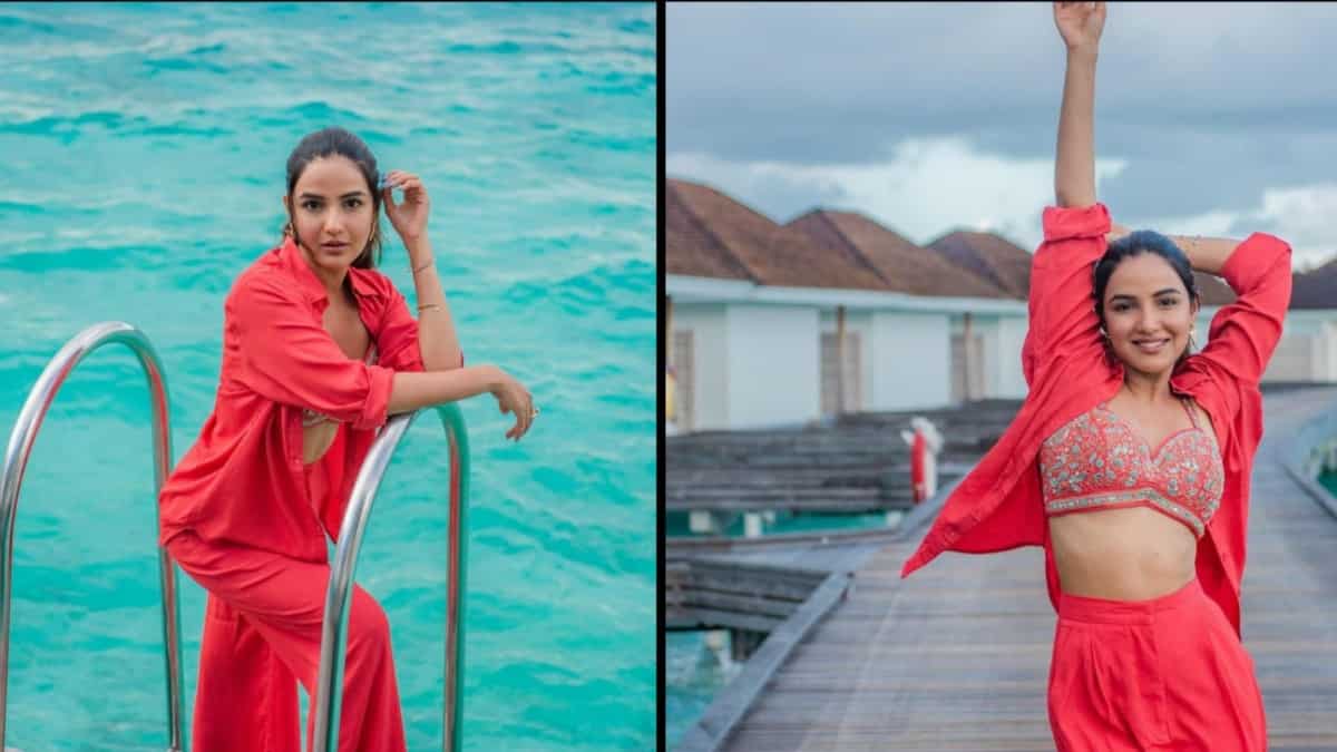 Jasmin Bhasin wears a red outfit on her vacation.