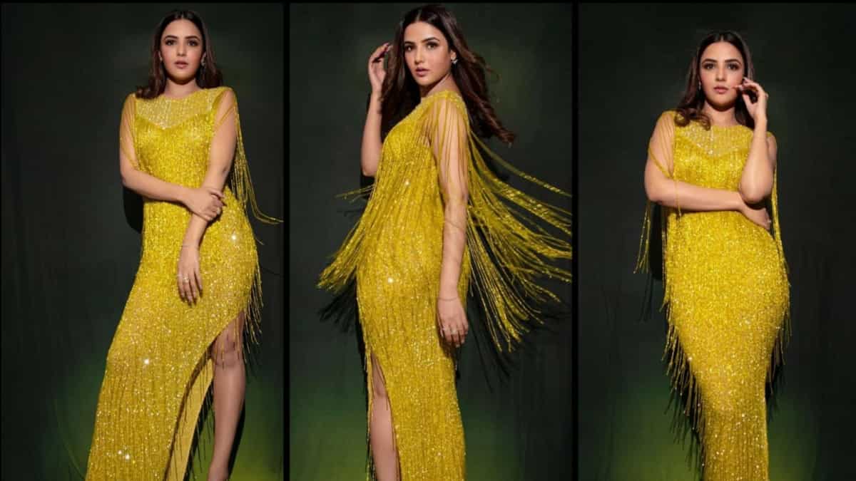 Jasmin Bhasin looks stunning in this lemon yellow gown.