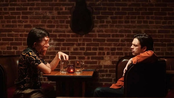 Sebastian Stan (right) and Adam Pearson (left) in a still from A Different Man.