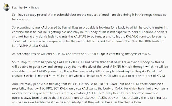 A fan theory about Kamal Haasan's role in Kalki 2898 AD from Reddit.