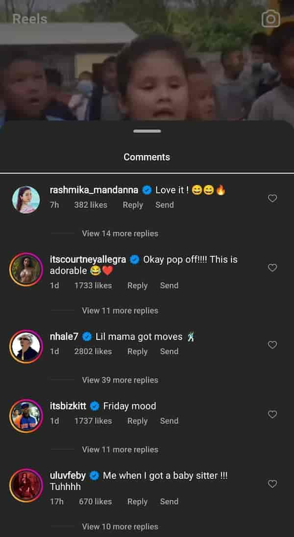 A screen shot of Rashmika's comment on Instagram