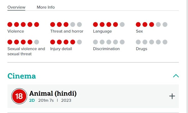 A screenshot of BBFC's ratings for Animal.