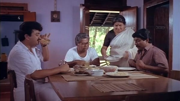 A still from Sandhesham (1991).