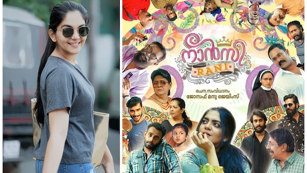Ahaana Krishna and poster of Nancy Rani