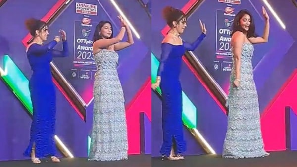 Aishwarya Lekshmi teaches King of Kotha hook step to Sanya Malhotra at OTTplay Awards 2023. Watch video