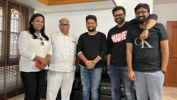 Ajaneesh (centre) with Sai Dharam Tej and film team