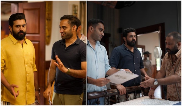 Akhil Sathyan with Nivin Pauly & Aju Varghese on the sets of Sarvam Maya