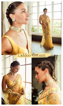 Alia Bhatt dazzles in a sunny yellow saree for her yaar ki shaadi her unique hairstyle also attracts attention