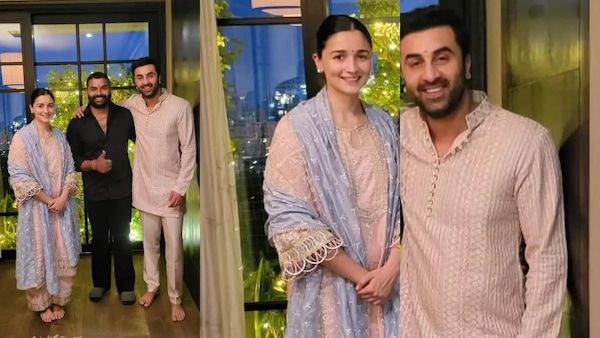 Alia Bhatt, Ranbir Kapoor twin in light peach traditional attires as they celebrate Diwali together; see PICS