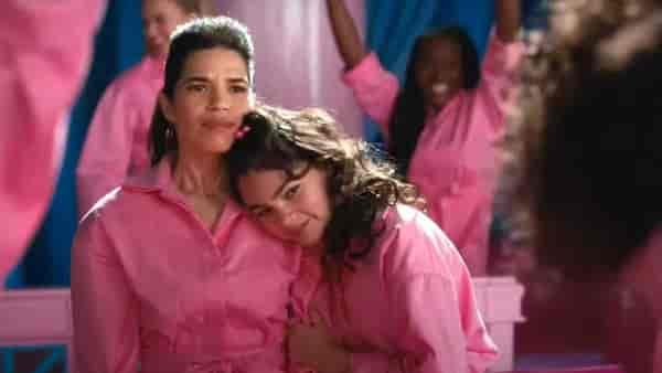 America Ferrera, left, as Gloria, in ‘Barbie.’ Ariana Greenblatt, right, plays Gloria’s daughter Sasha. Image via Warner Bros.