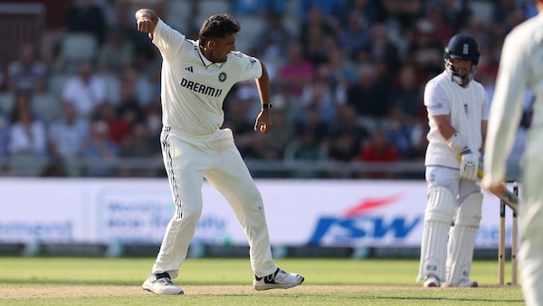 Anshul Kamboj celebrates his maiden wicket in international cricket as Ben Duckett is dispatched. Photo via BCCI