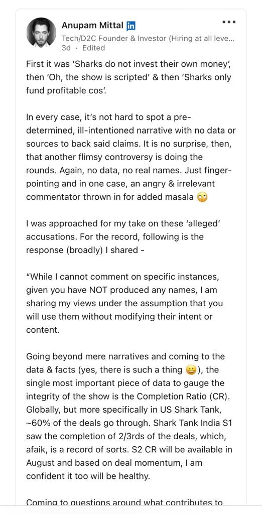 Anupam Mittal's LinkedIn Post