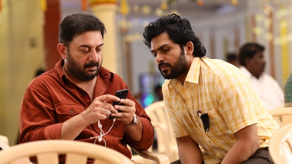 Arvind Swami and Karthi in Meiyazhagan.