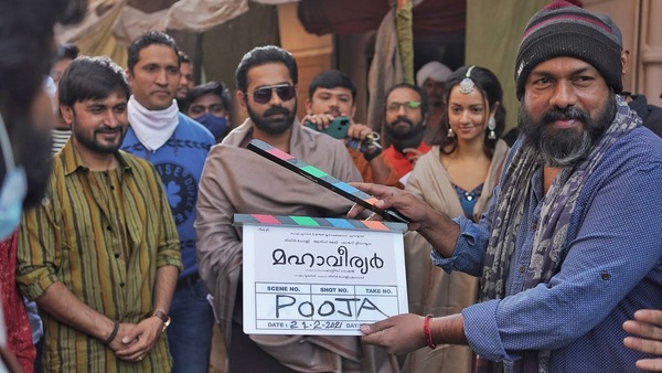 Asif, Shanvi and Abrid Shine during the shoot of Mahaveeryar