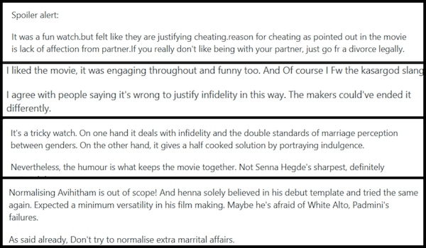 Avihitham - Comments on Reddit, claiming film glorifies cheating