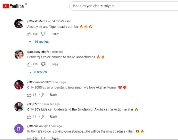 YouTube reactions on Bade Miyan Chote Miyan teaser.