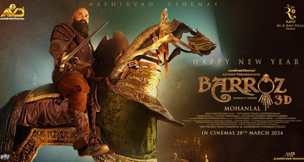 Barroz – A regal Mohanlal extends New Year wishes seated on a... | Check out the latest poster