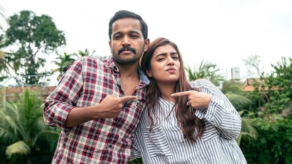 Basil Joseph and Nazriya Nazim on the sets of Sookshamadarshini