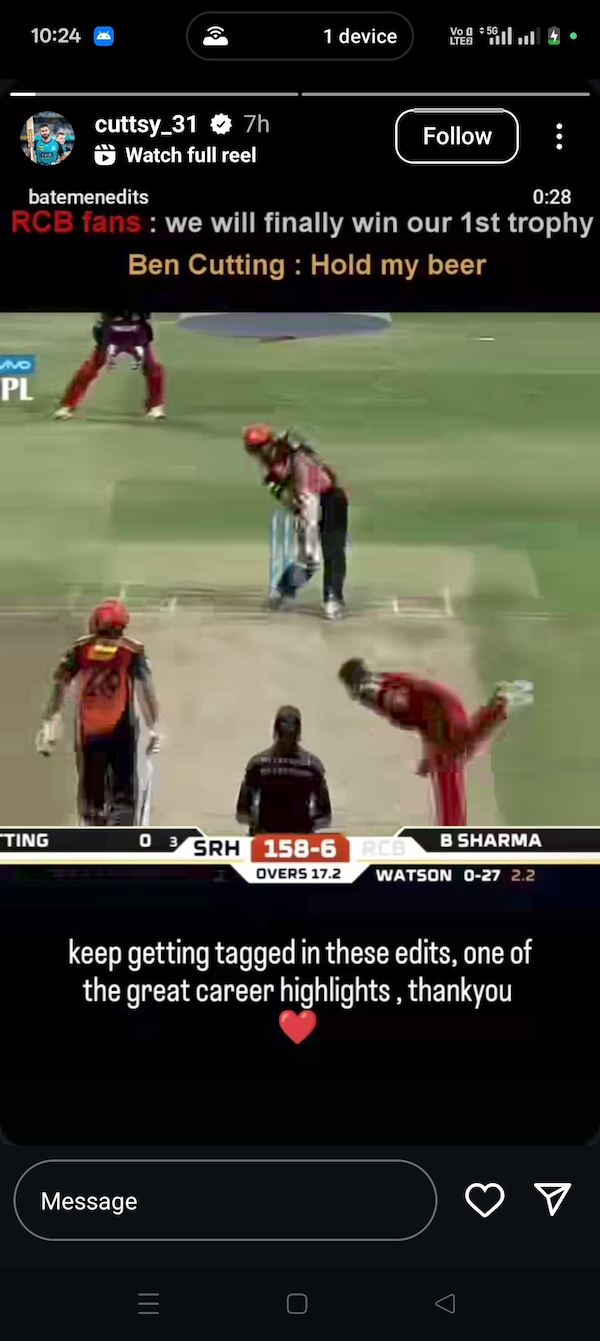 Ben Cutting trolls RCB/pic credit: @cuttsy_31/instagram