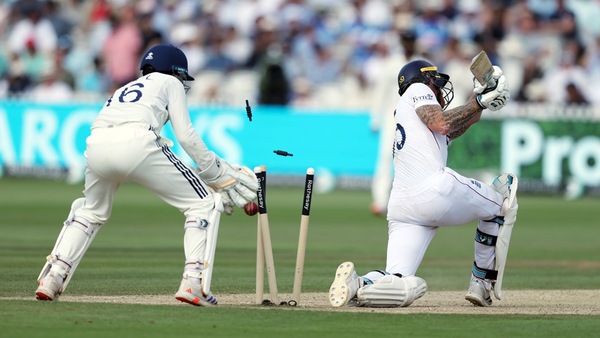 Ben Stokes is knocked out. Photo via BCCI