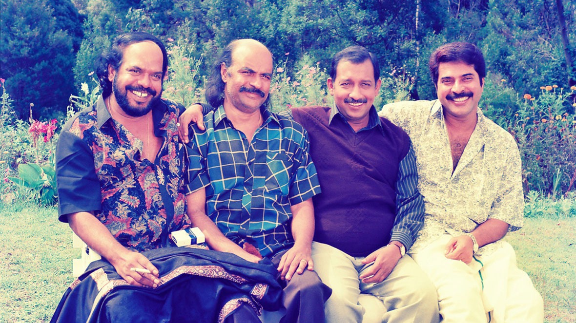 Bharathan, Bharat Gopy, Nedumudi Venu and Mammootty on the sets of Padheyam | Credit: Kollam Mohan & P Krishnankutty