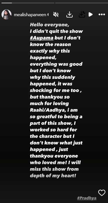 Alisha Parveen's Instagram story.