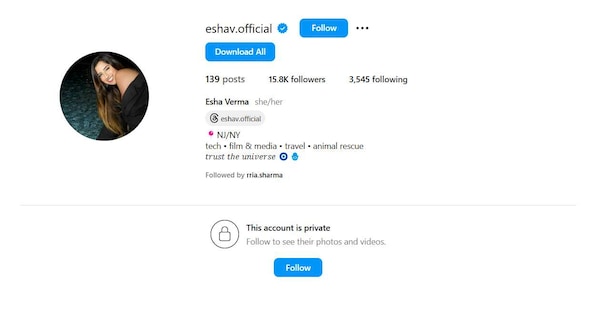 Esha Verma's Instagram account.