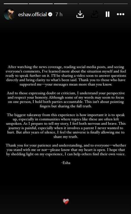 Esha Verma's Instagram story.