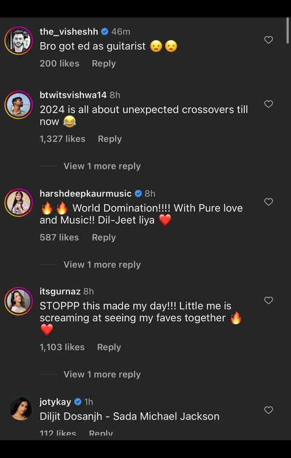 Harshdeep Kaur and netizens comment on Diljit Dosanjh's post on Ed Sheeran