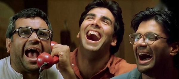Paresh Rawal, Akshay Kumar, Suniel Shetty in a still from Hera Pheri