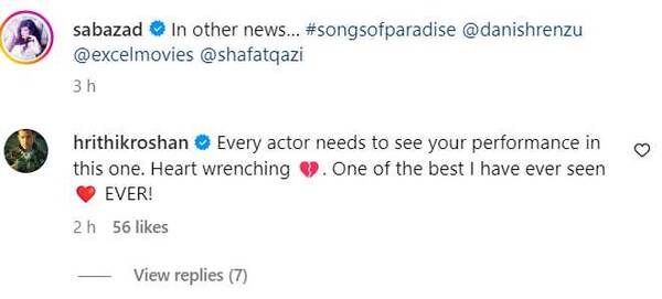 Hrithik Roshan's comment on Saba Azad's Instagram post.