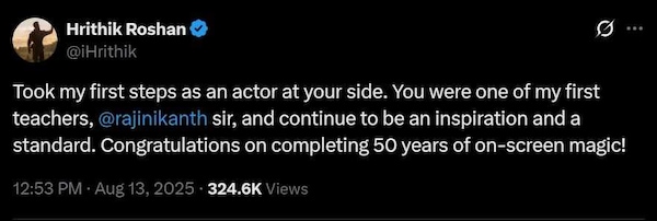 Hrithik Roshan's post for Rajinikanth on X