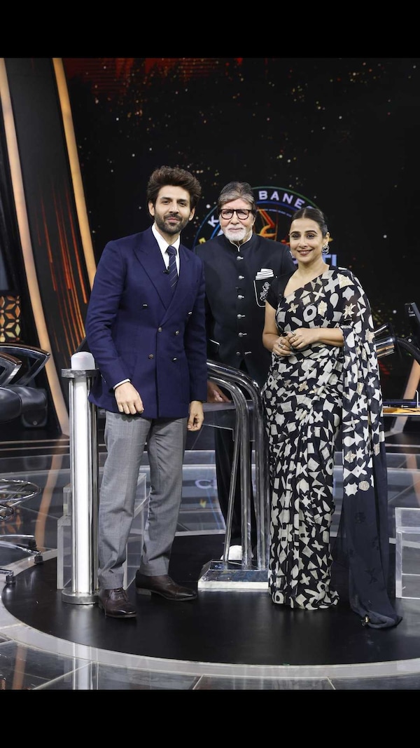 Kartik Aaryan with Amitabh Bachchan and Vidya Balan on KBC 16.