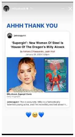 Milly Alcock's happy response to James Gunn's announcement post