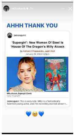 Milly Alcock's happy response to James Gunn's announcement post