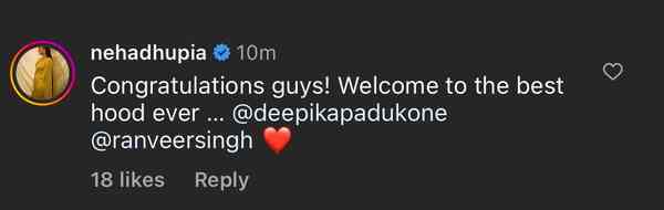 Neha Dhupia welcomes Deepika Padukone and Ranveer Singh to parenthood