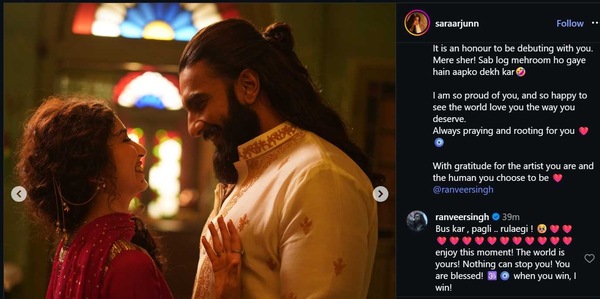 Ranveer Singh's reply to Sara Arjun's Instagram post