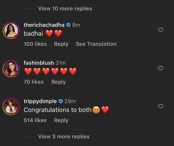 Richa Chadha and Tripti Dimri congratulate Ranveer Singh and Deepika Padukone